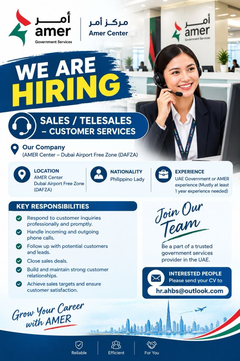 Sales Telesales Customer Services job at AMER Center in Dubai Airport Free Zone (DAFZA)