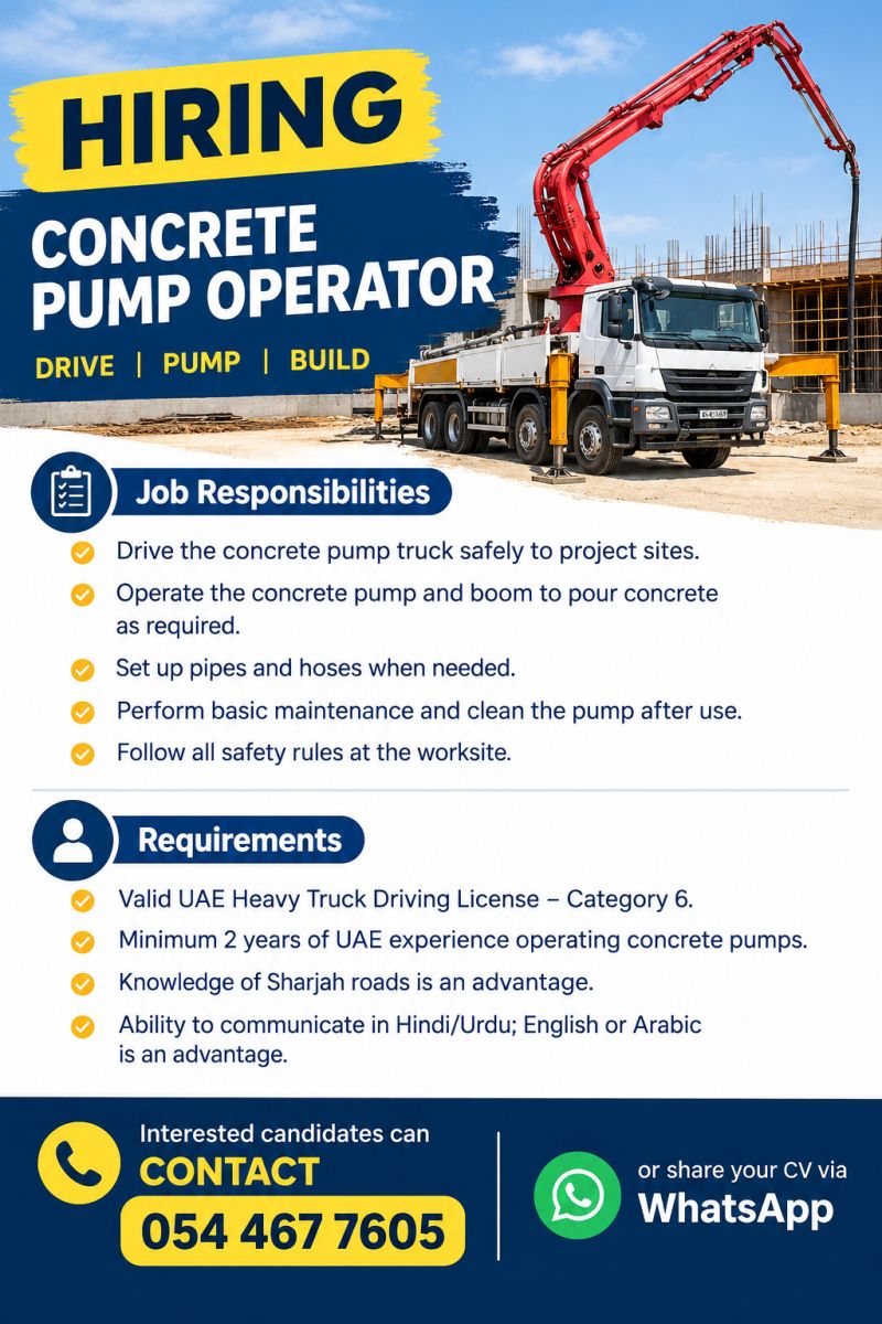 Concrete Pump Operator job in Sharjah