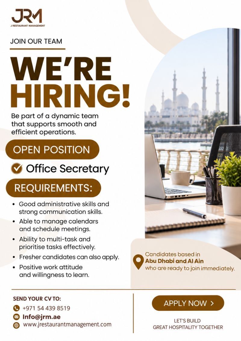Office Secretary job at J Restaurant Management in Abu Dhabi and Al Ain