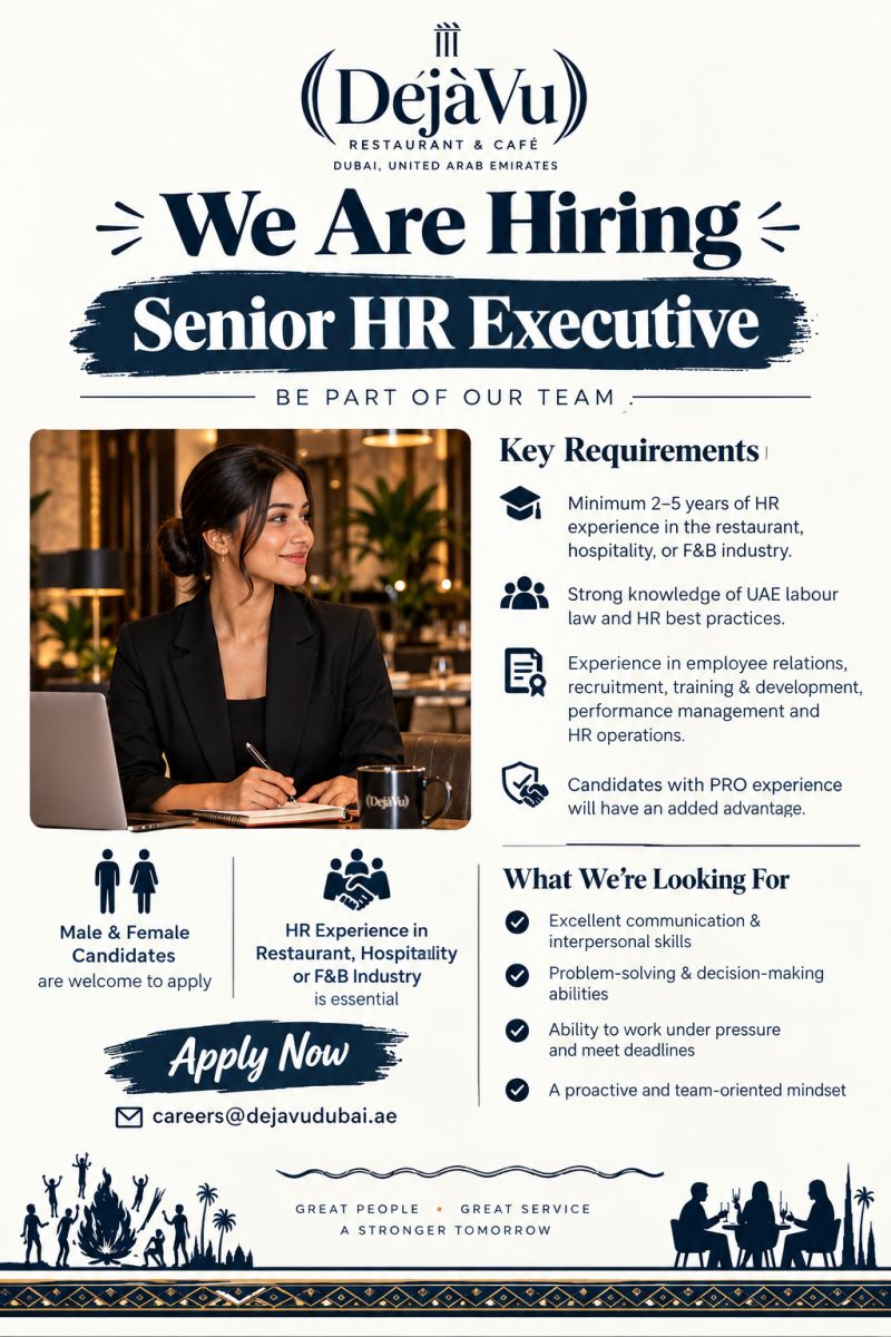 Senior HR Executive job at DéjàVu Restaurant & Café in Dubai