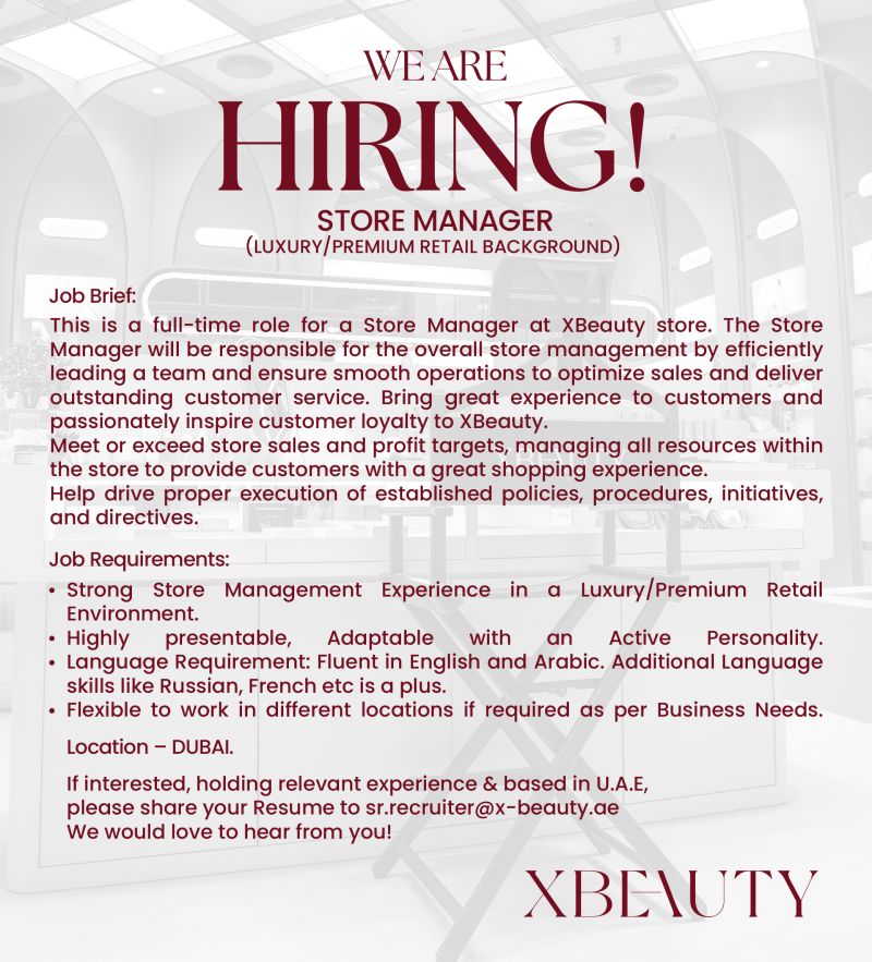 Store Manager job at XBeauty in Dubai