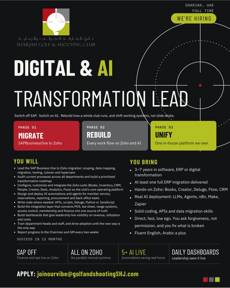 Digital & AI Transformation Lead job at Sharjah Golf & Shooting Club in Sharjah
