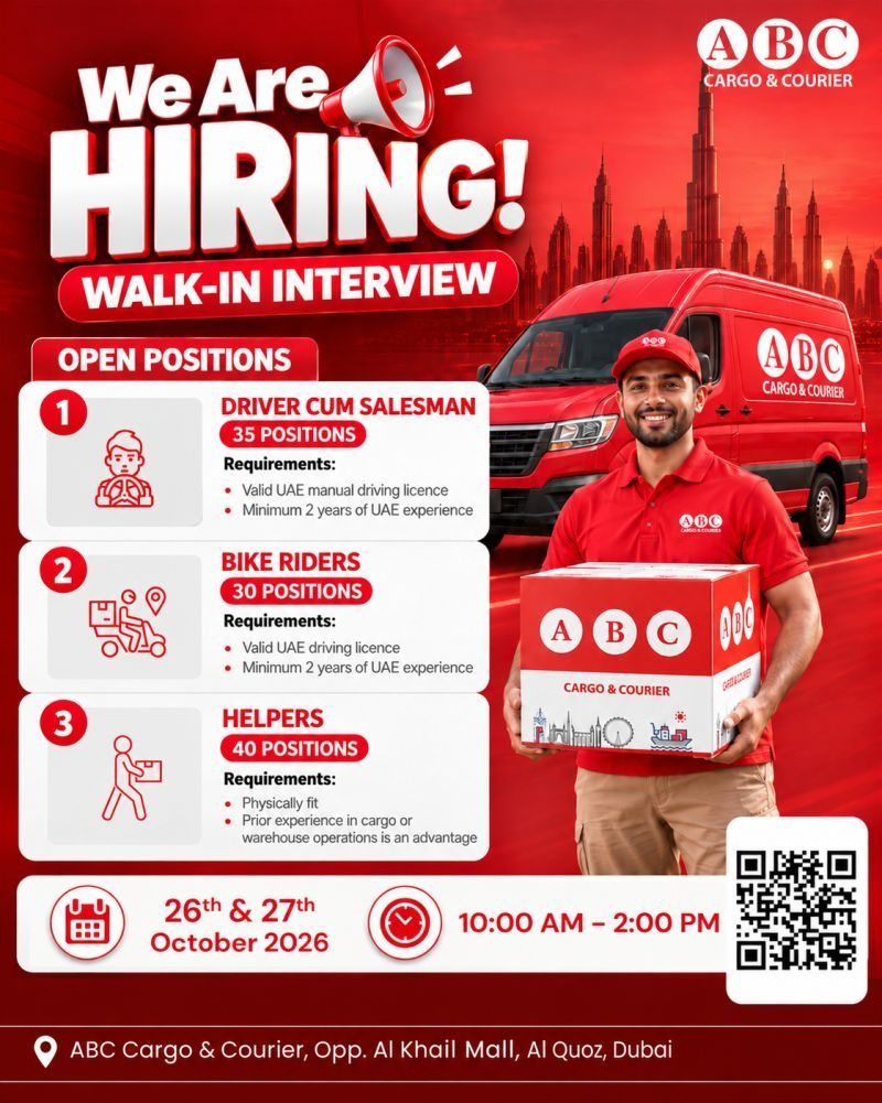Driver Cum Salesman walk-in interview at ABC Cargo & Courier in Dubai