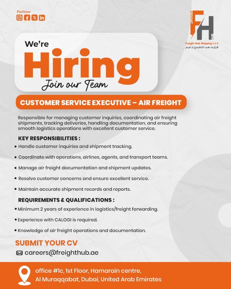 Customer Service Executive job at Freight Hub Shipping LLC in Dubai