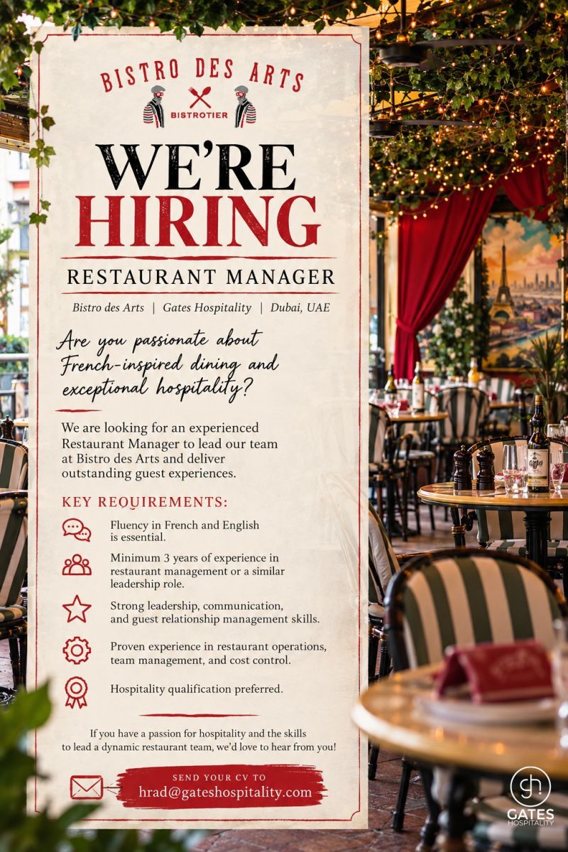 Restaurant Manager job at Bistro des Arts / Gates Hospitality in Dubai