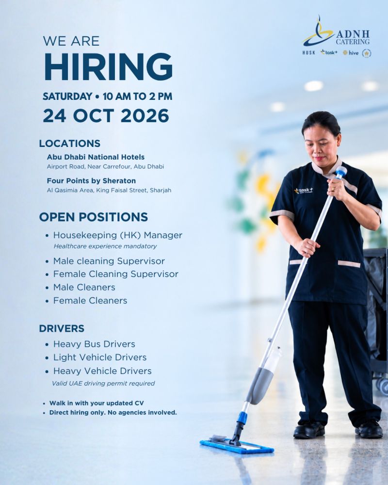 Cleaning & Hospitality Staff walk-in interview at ADNH Catering in Abu Dhabi and Sharjah