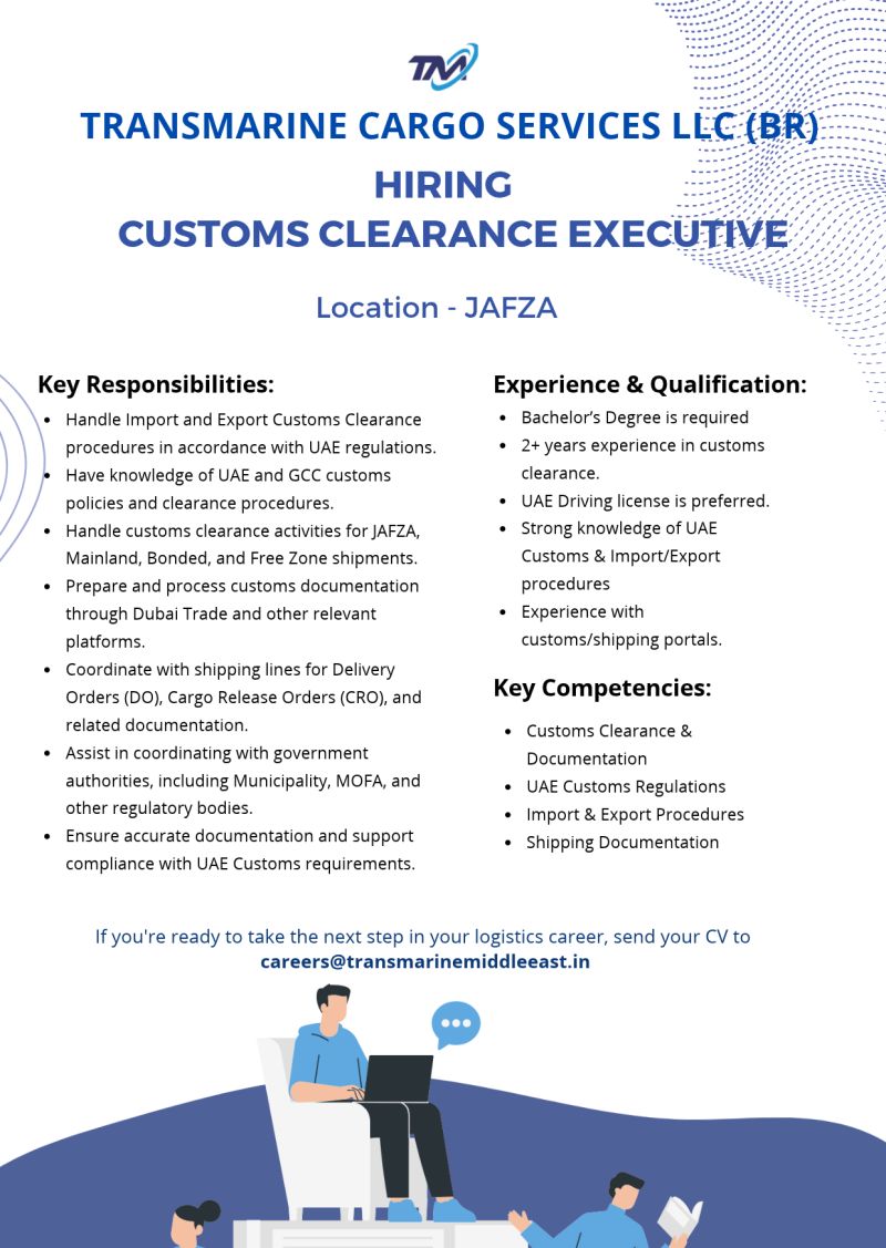Customs Clearance Executive job at Transmarine Cargo Services LLC in JAFZA, Dubai