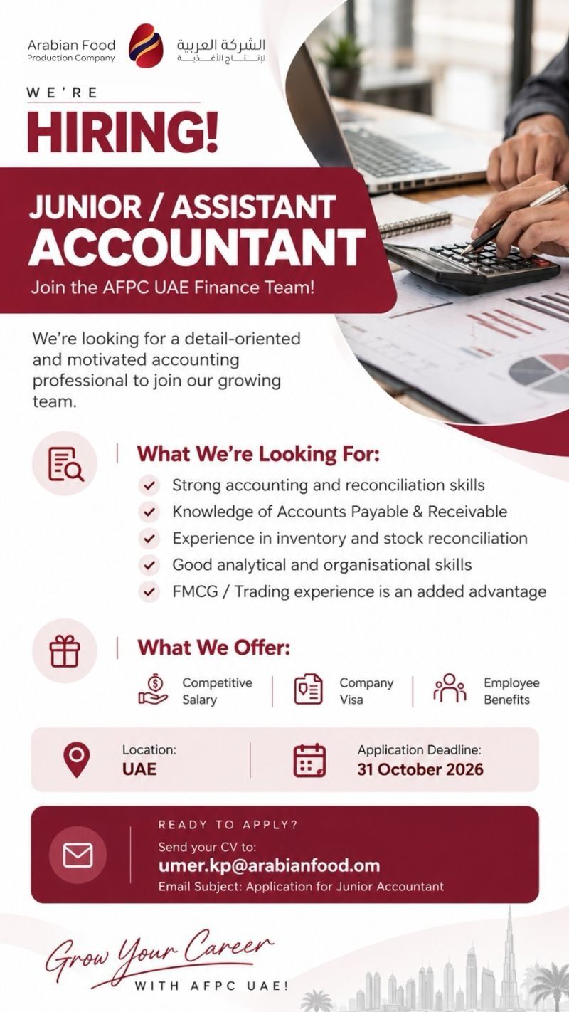 Junior Accountant job at Arabian Food Production Company in UAE