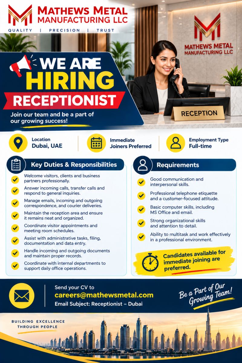 Receptionist job at Mathews Metal Manufacturing LLC in Dubai