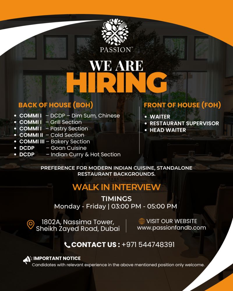 Restaurant Staff walk-in interview at Passion in Dubai