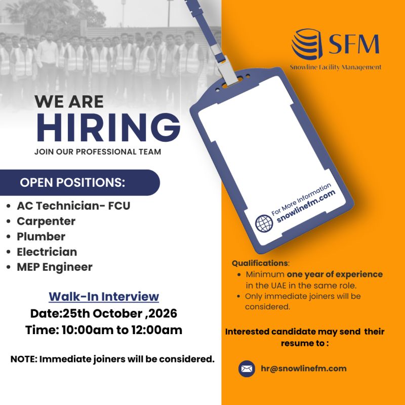 AC Technician walk-in interview at Snowline Facility Management in UAE