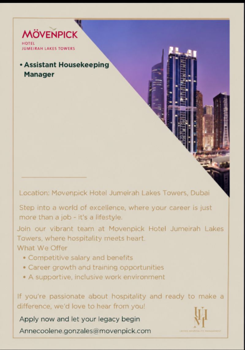 Assistant Housekeeping Manager job at Movenpick Hotel Jumeirah Lakes Towers in Dubai