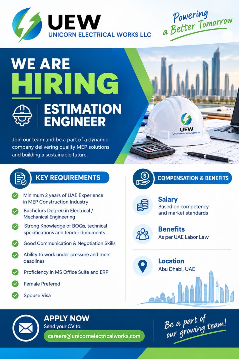 Estimation Engineer job at Unicorn Electrical Works LLC in Abu Dhabi