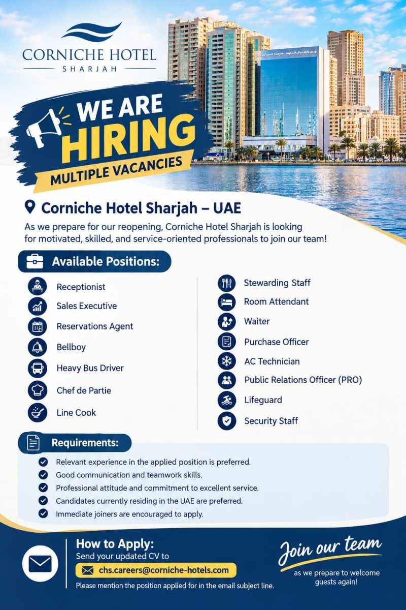 Hotel Staff job at Corniche Hotel Sharjah in Sharjah