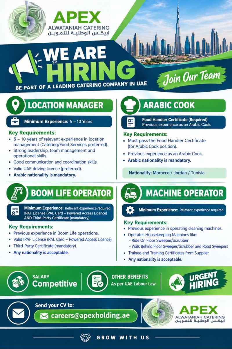 Location Manager job at Apex Alwatania Catering in UAE