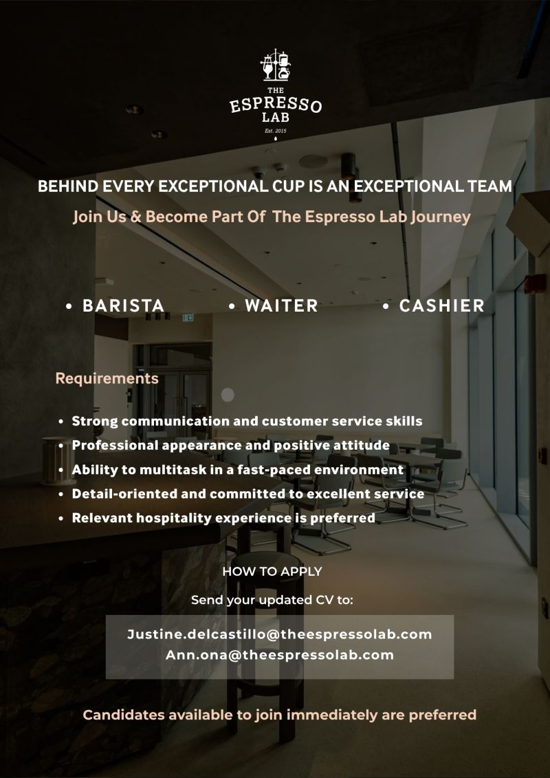 Barista job at The Espresso Lab in UAE