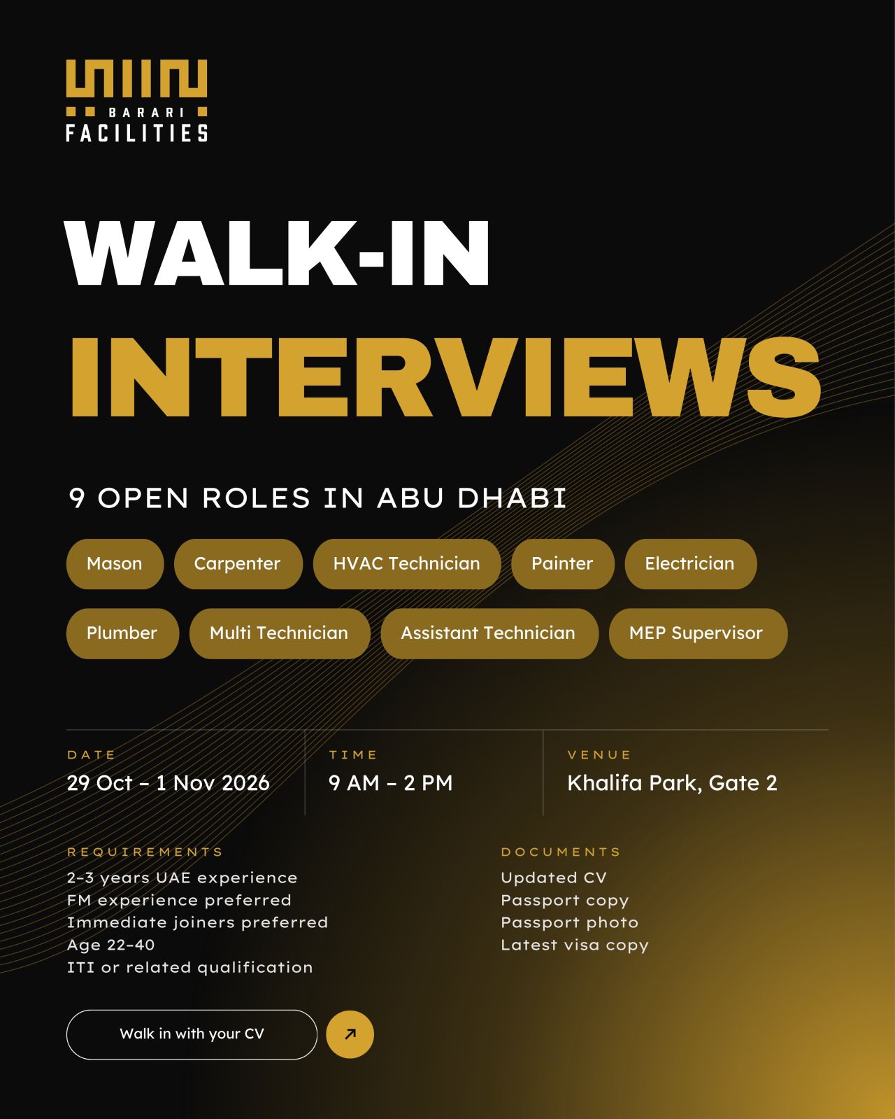 Multi Technician walk-in interview at Barari Facilities in Abu Dhabi
