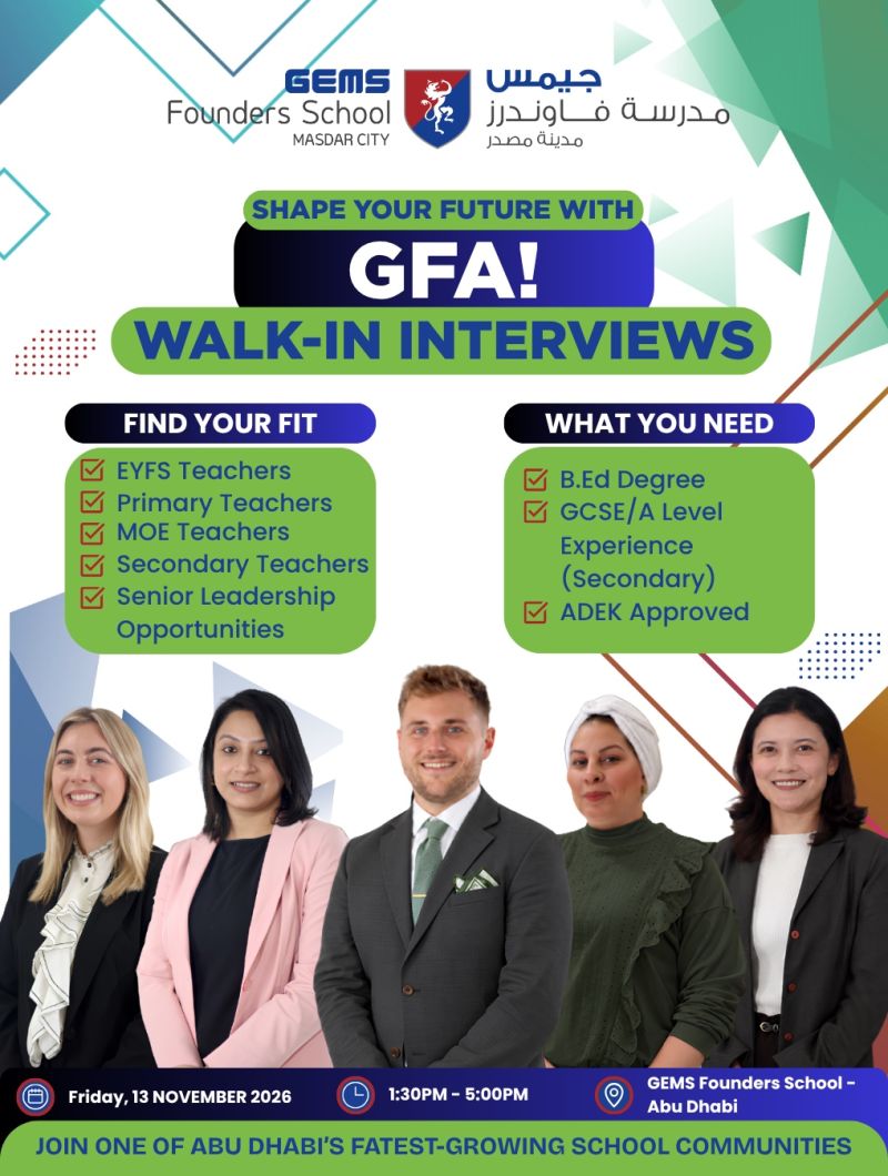 Teacher walk-in interview at GEMS Founders School in Abu Dhabi