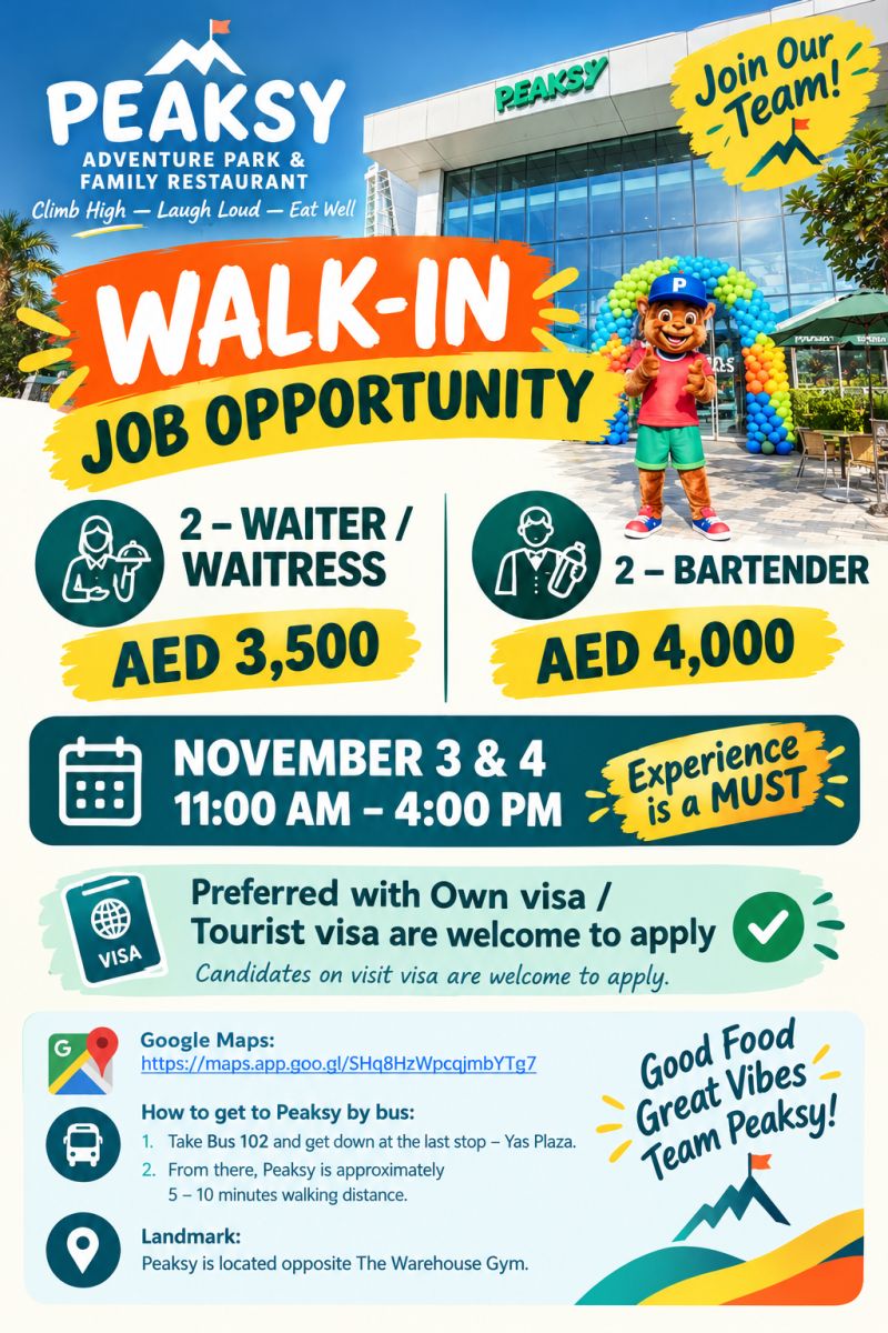 Waiter Waitress Bartender walk-in interview at Peaksy Adventure Park & Family Restaurant in Abu Dhabi