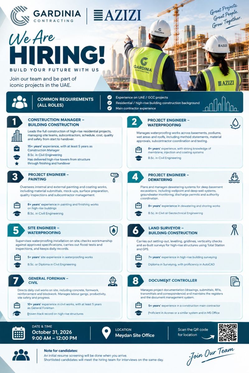 Construction Manager walk-in interview at Gardinia Contracting in Dubai