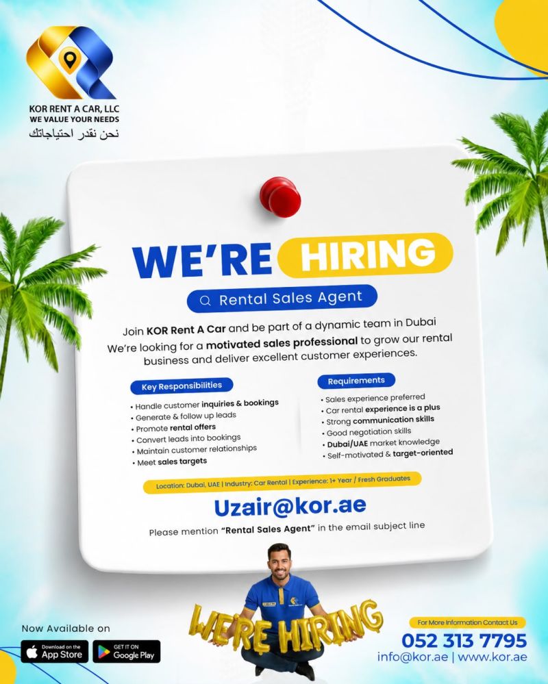 Rental Sales Agent job at KOR RENT A CAR, LLC in Dubai