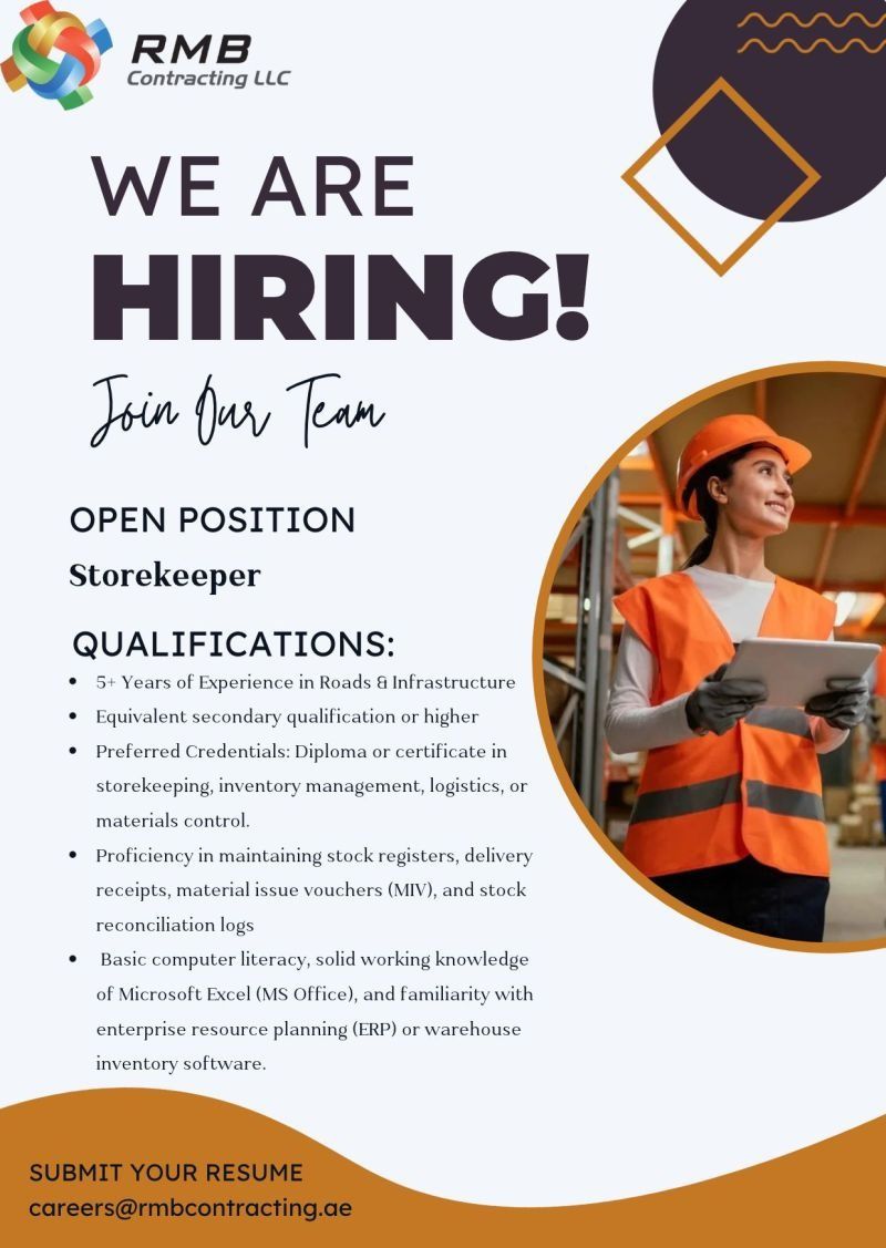 Storekeeper job at RMB Contracting LLC in UAE