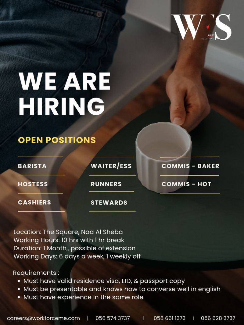 Barista job at WS WORK FORCE SOLUTIONS in The Square, Nad Al Sheba, Dubai