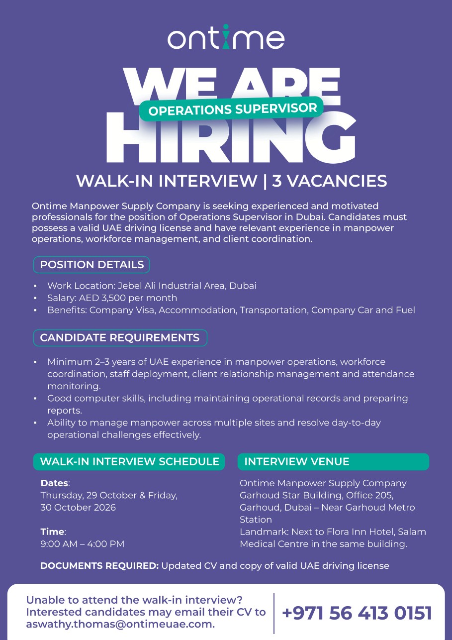 Operations Supervisor walk-in interview at Ontime Manpower Supply Company in Dubai