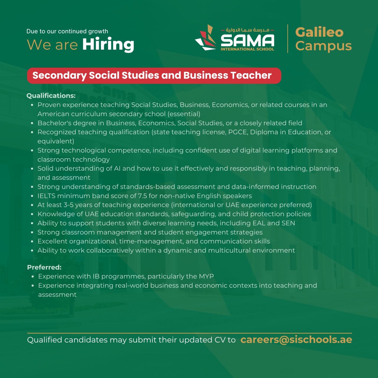 Secondary Social Studies and Business Teacher job at Sama International School in Galileo Campus