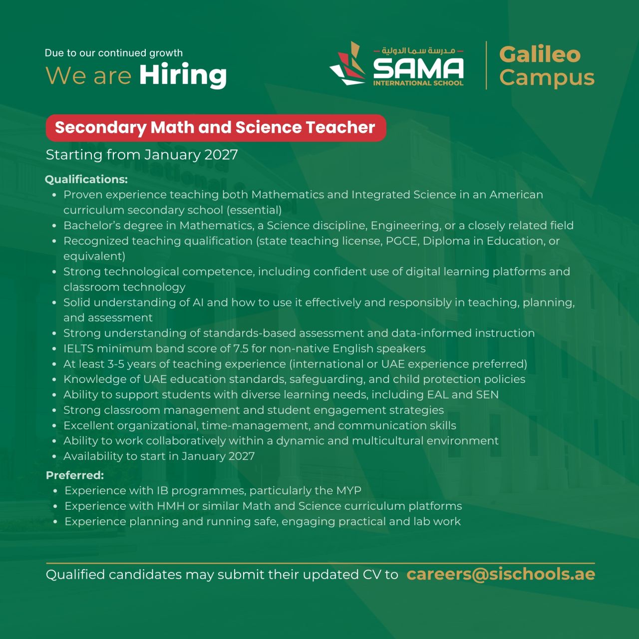 Secondary Math and Science Teacher job at SAMA INTERNATIONAL SCHOOL Galileo Campus in Abu Dhabi