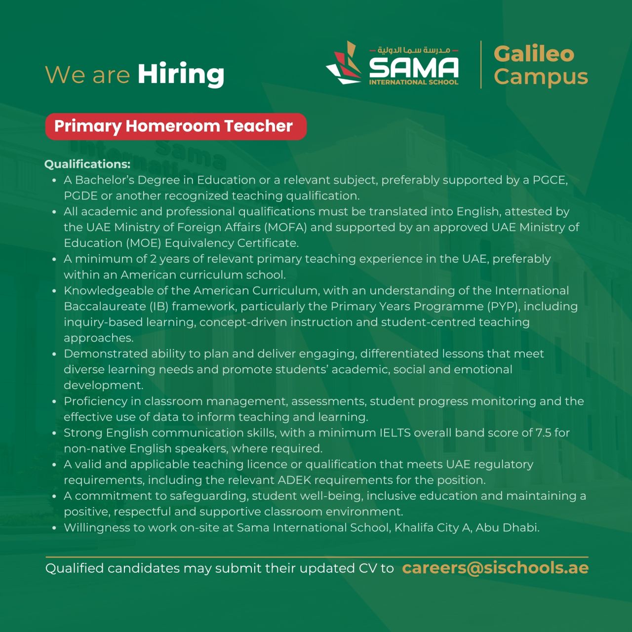 Primary Homeroom Teacher job at SAMA International School in Abu Dhabi