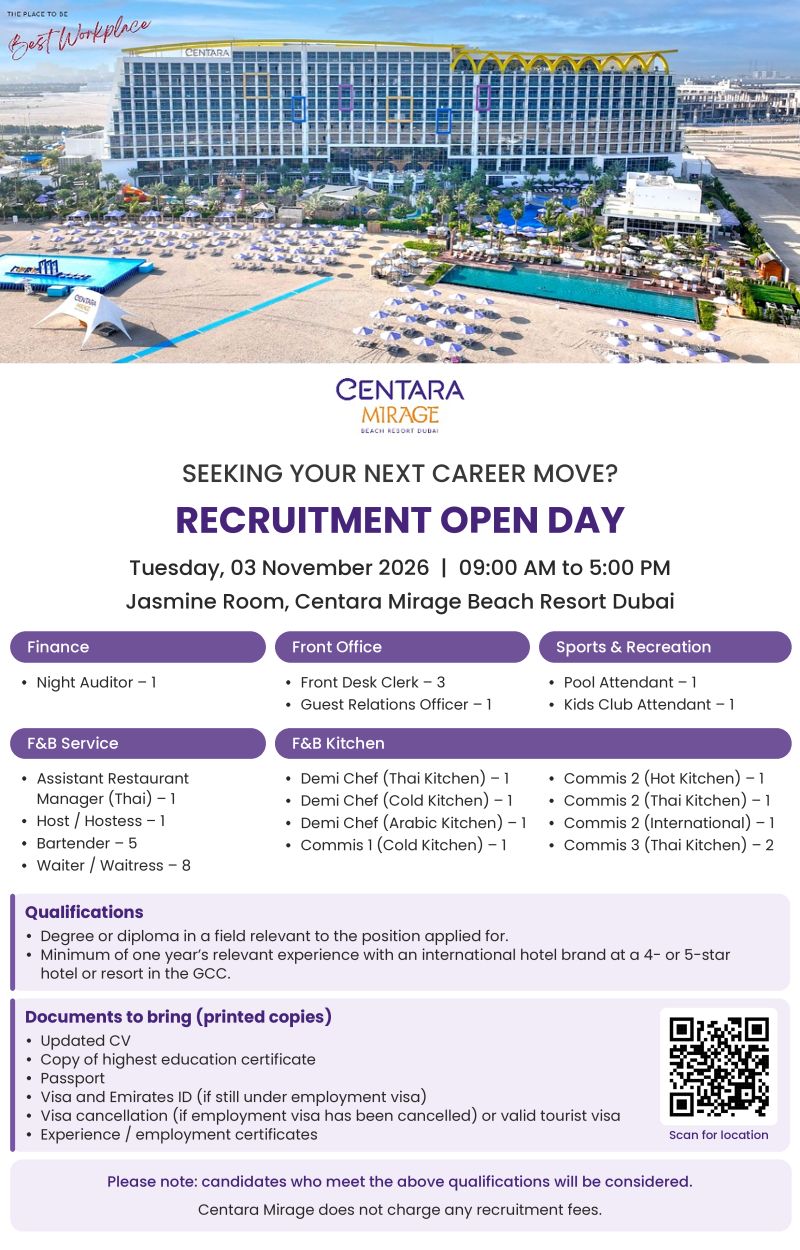 Hotel Staff walk-in interview at Centara Mirage Beach Resort Dubai in Dubai