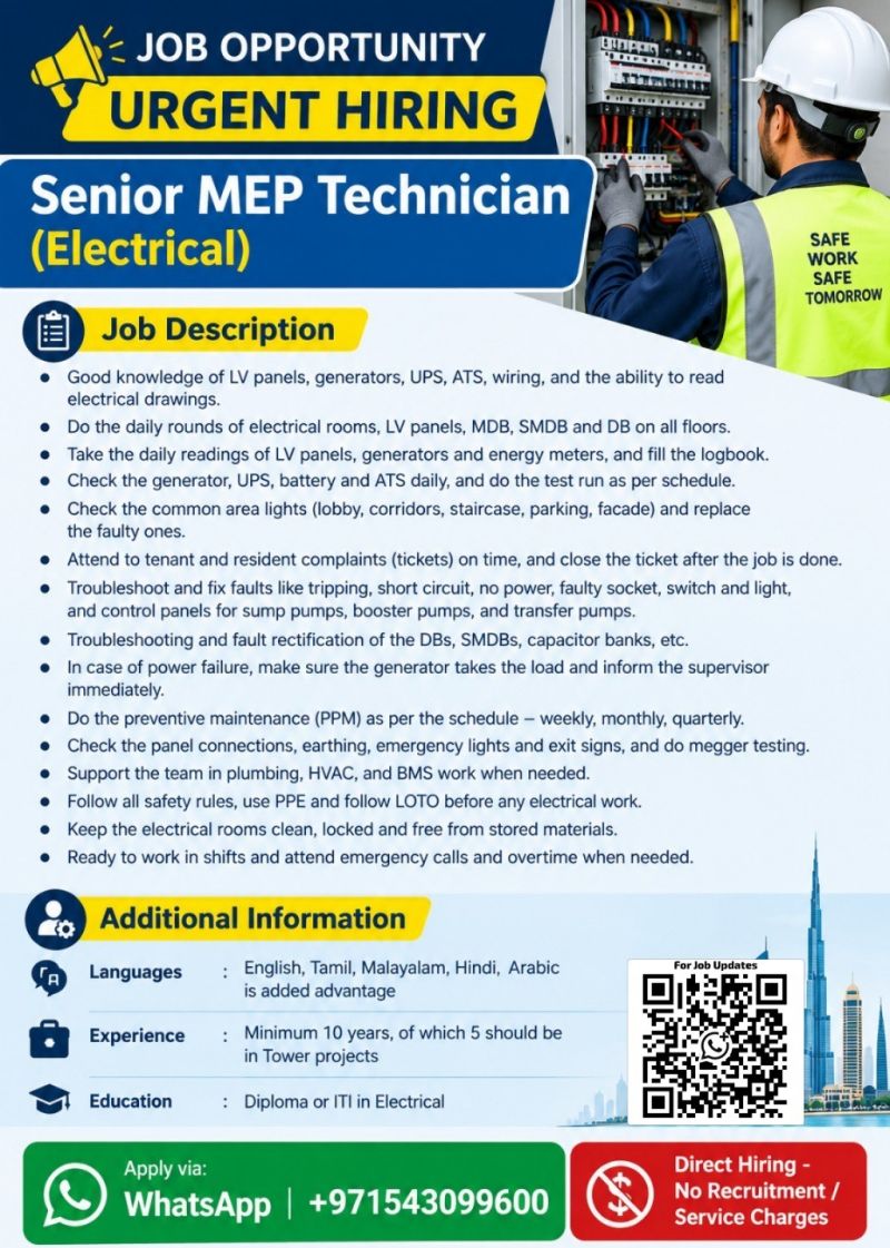 Senior MEP Technician job in Dubai