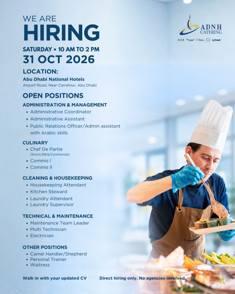 Administrative Coordinator walk-in interview at ADNH CATERING in Abu Dhabi