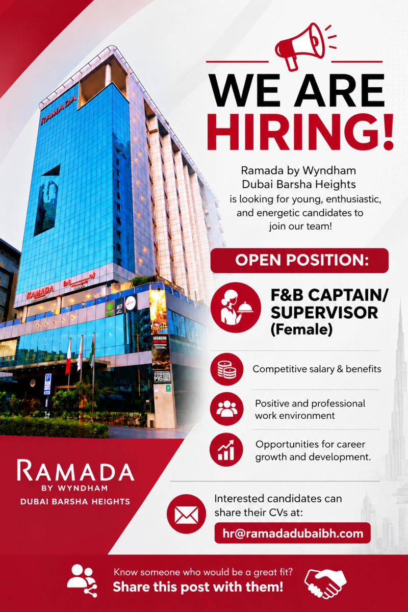 F&B Captain / Supervisor job at Ramada by Wyndham Dubai Barsha Heights in Dubai