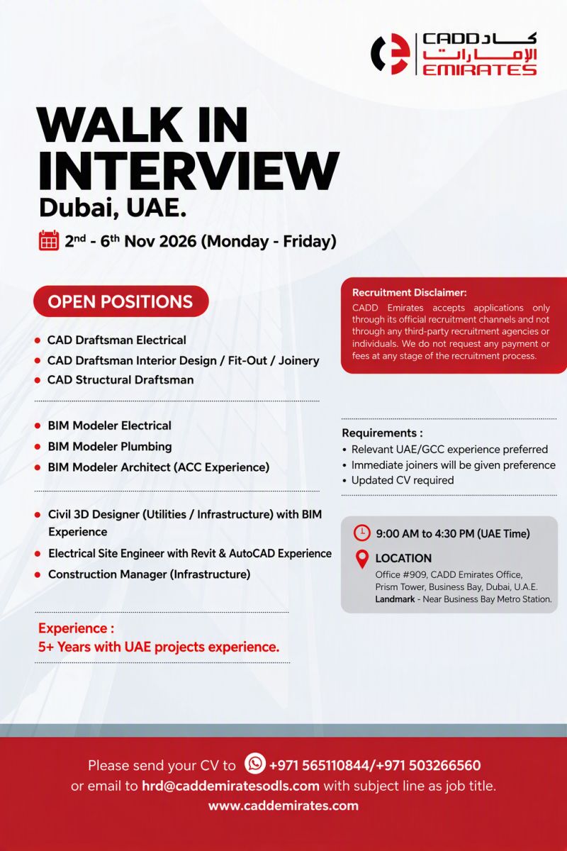 CAD Draftsman walk-in interview at CADD Emirates in Dubai