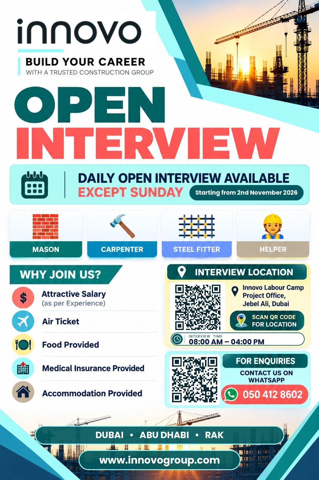 Construction Worker walk-in interview at Innovo in Dubai, Abu Dhabi, RAK