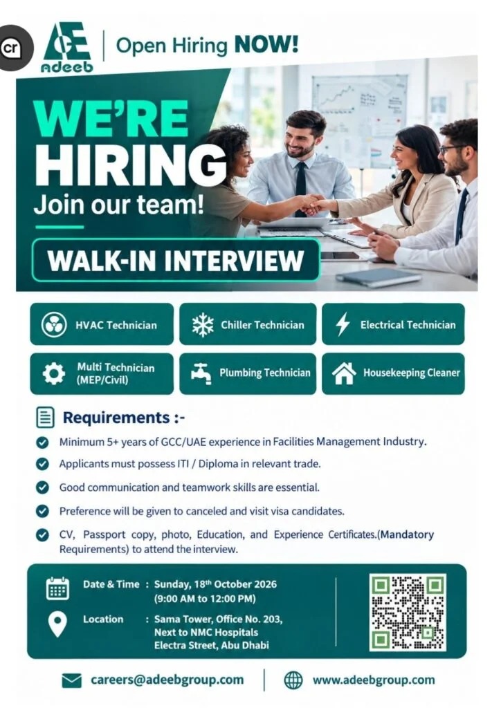 Recruitment poster for Adeeb Group FM Walk-In Abu Dhabi | 18 October 2026