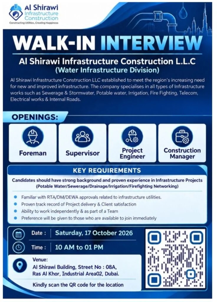 Recruitment poster for Al Shirawi Infrastructure Walk-In Dubai | 17 Oct 2026