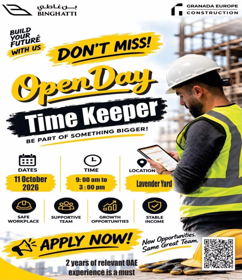 Walk-In Interview - Binghatti & Granada Europe Construction Hiring Time Keeper – Dubai - Walk-In Interview Flyer