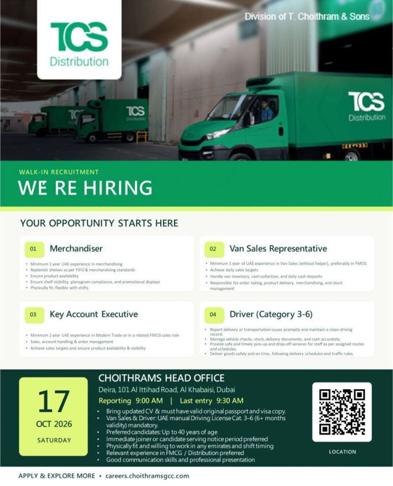 Sales and Logistics Staff walk-in interview at TCS Distribution in Dubai