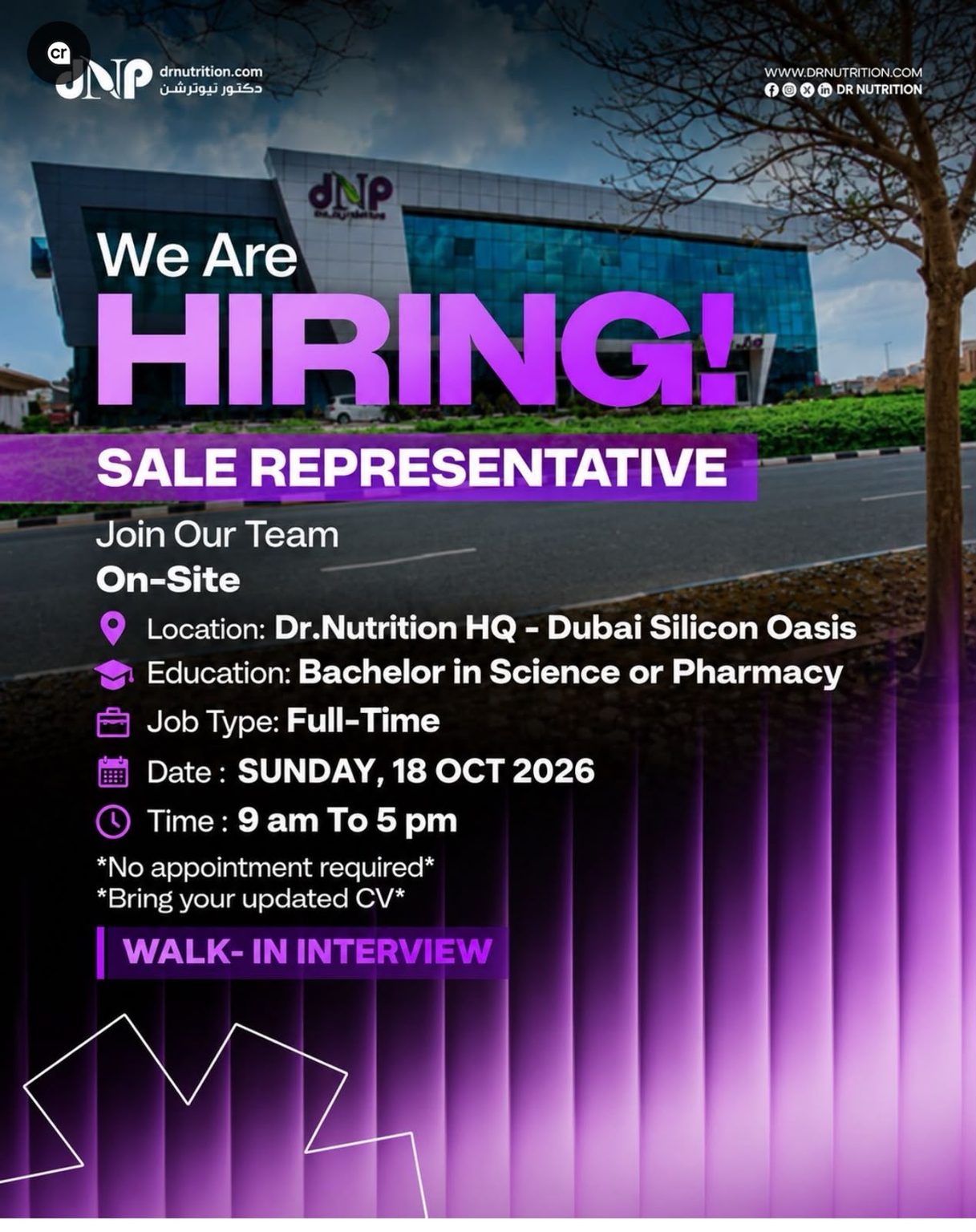 Recruitment poster for Dr Nutrition Sales Walk-In Dubai | 18 October 2026