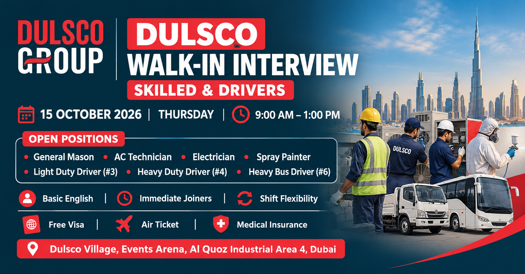 Skilled Workers and Drivers walk-in interview at Dulsco Group in Dubai