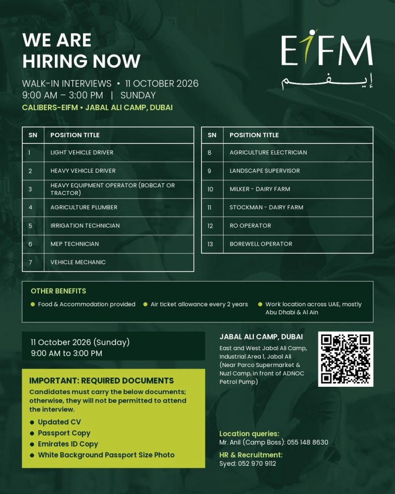 Walk-In Interview - EIFM Hiring Driver, Technician, Supervisor & More – Dubai - Walk-In Interview Flyer