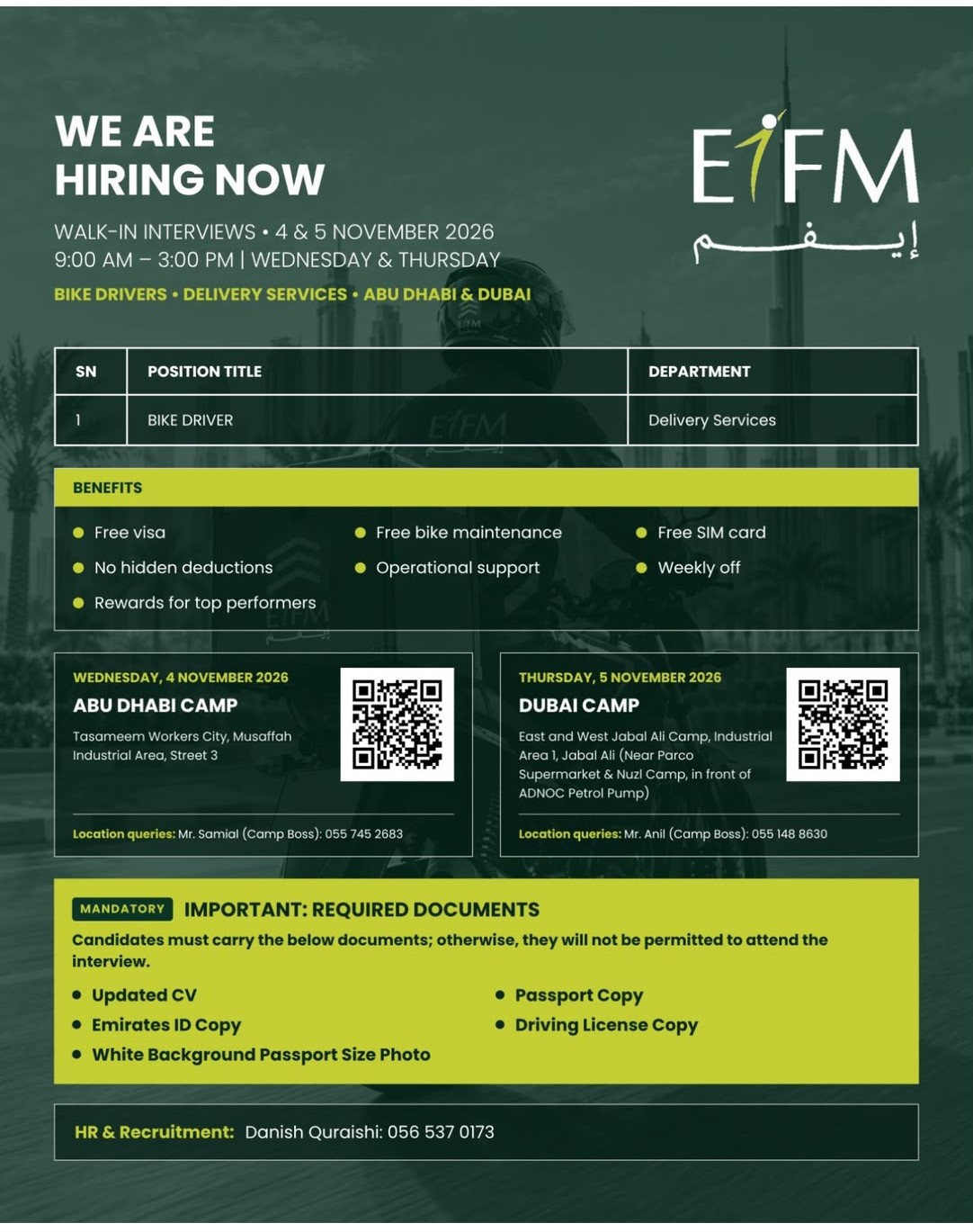 Bike Driver walk-in interview at EIFM in Abu Dhabi & Dubai