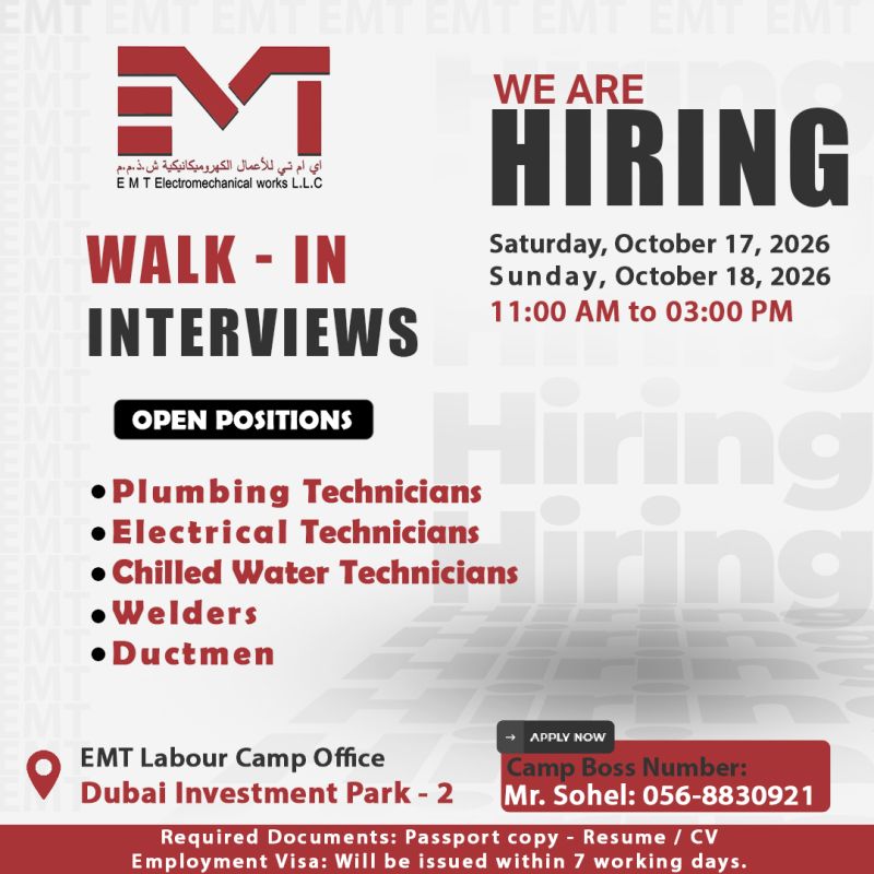 Technicians and Welders walk-in interview at E M T Electromechanical works L.L.C in Dubai