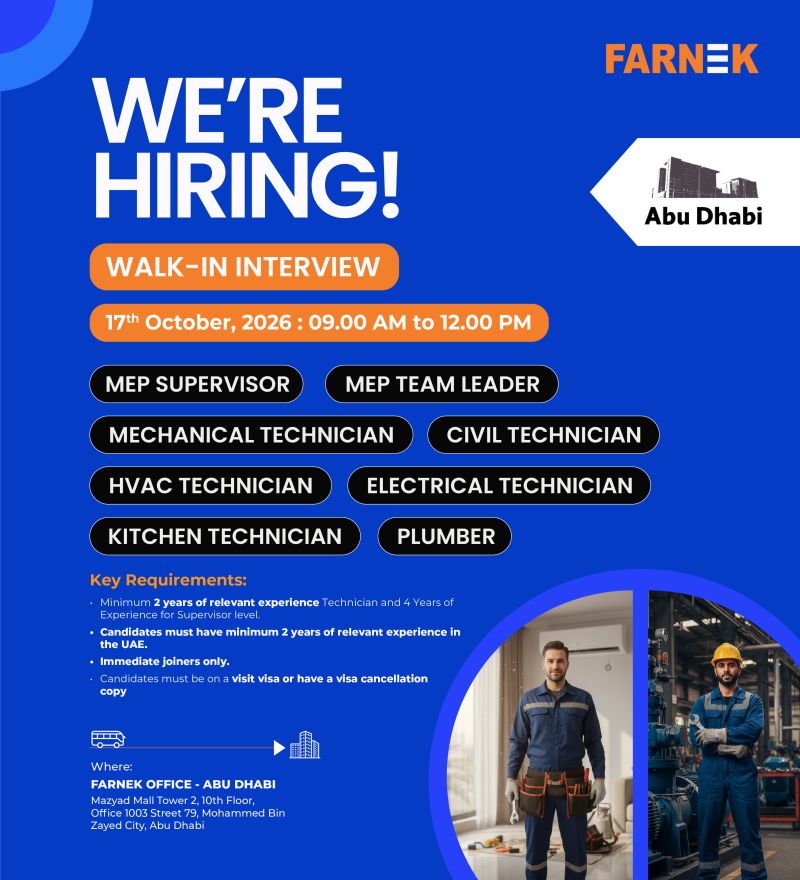 MEP Supervisor and Technicians walk-in interview at Farnek in Abu Dhabi