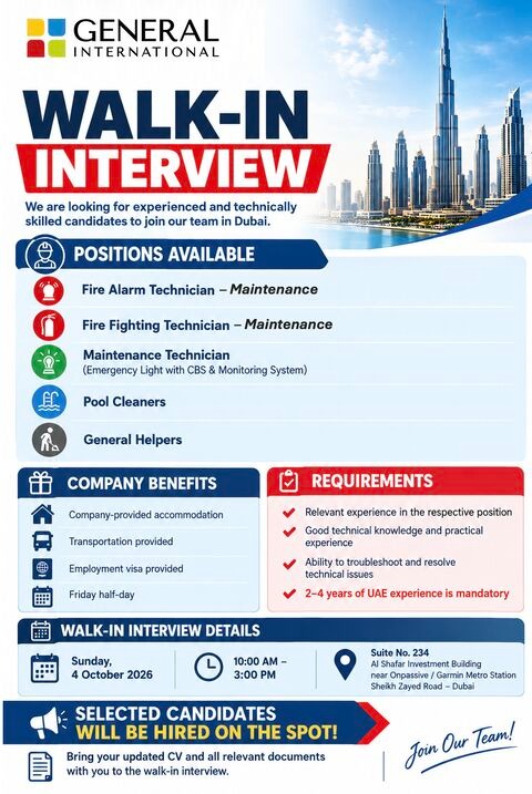 π Walk-In Interview - General International Hiring Maintenance Technicians and More β Dubai - Walk-In Interview Flyer