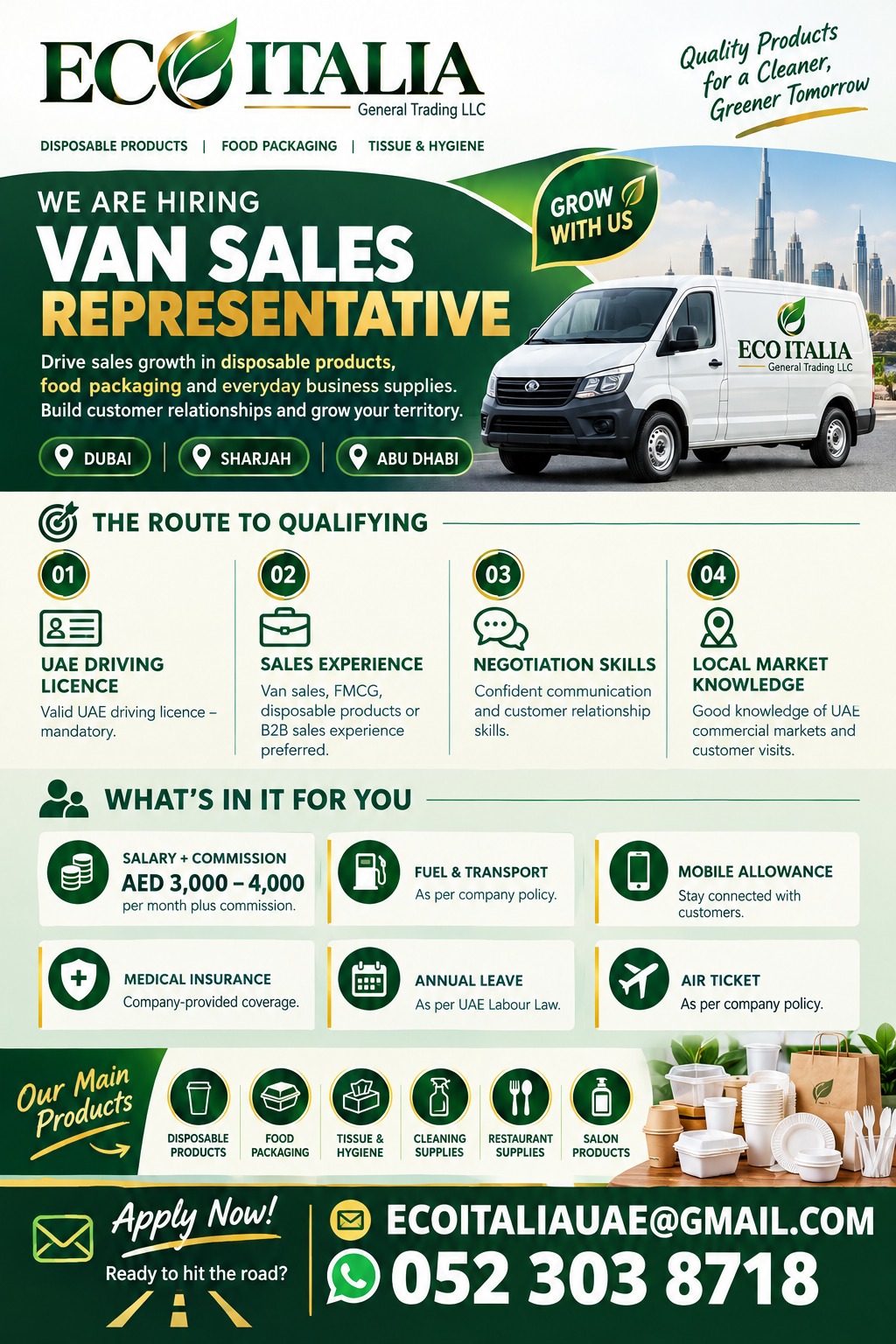 Van Sales Representative job at Eco Italia General Trading LLC in Dubai, Sharjah, Abu Dhabi