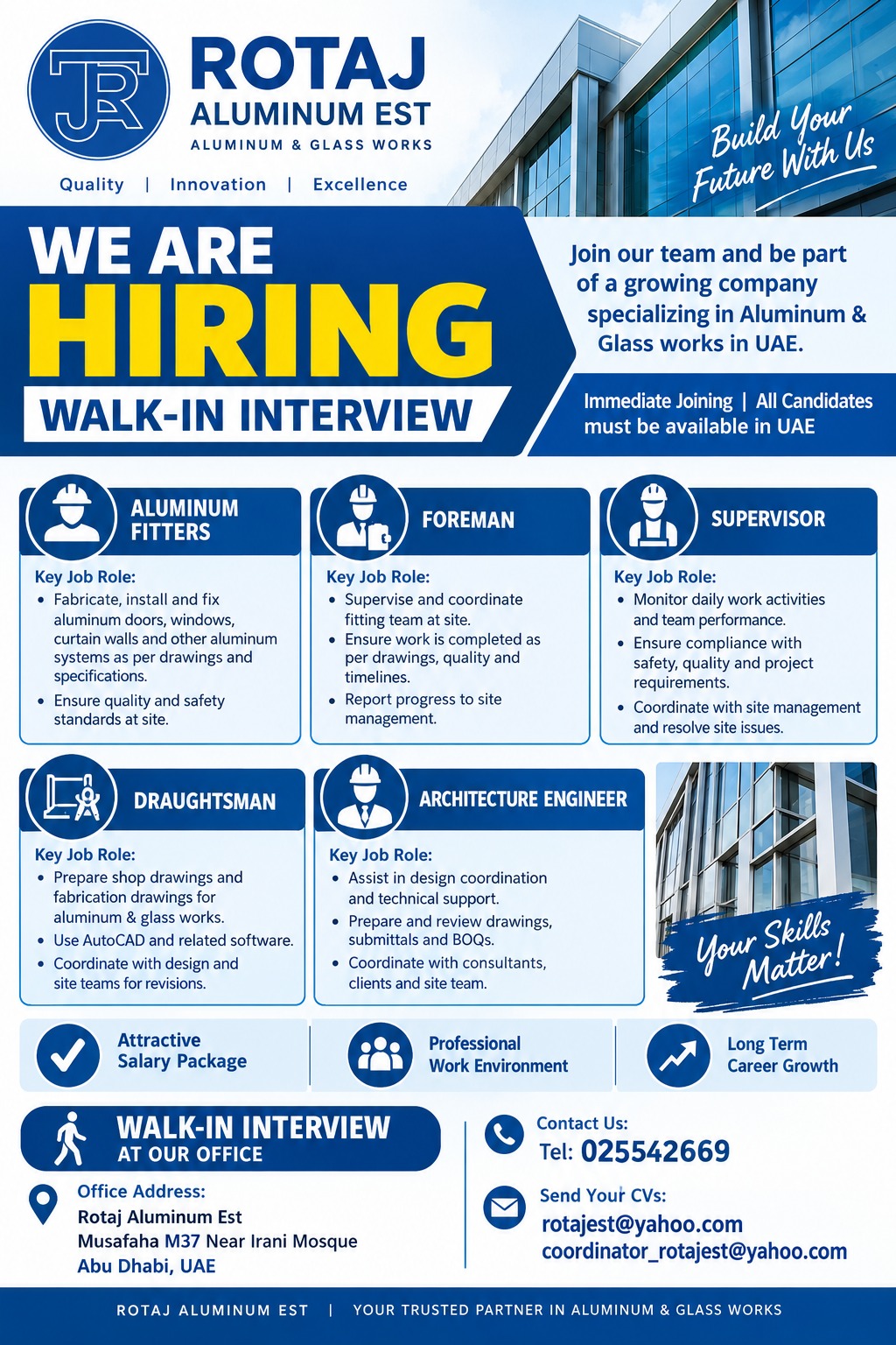 Aluminum Fitter walk-in interview at Rotaj Aluminum Est in Abu Dhabi